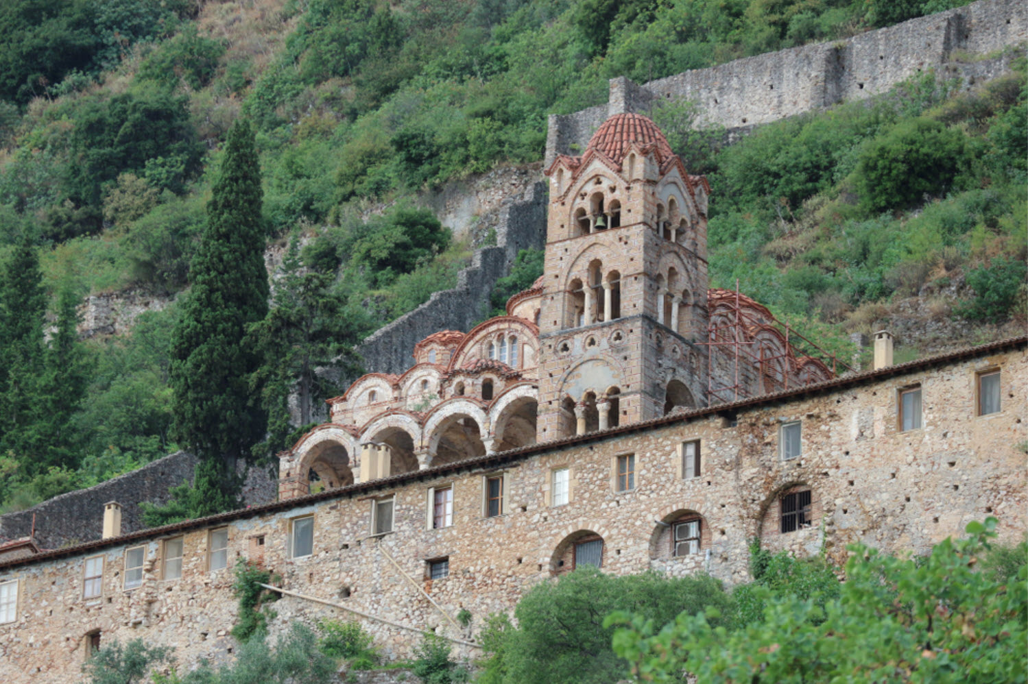 View to Pantanassa Monastery in medieval abandoned city Mystras Peloponnese Greece Small